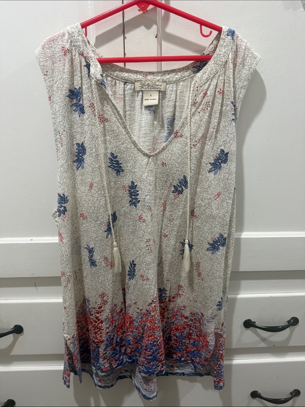 Lucky Brand Cream Floral Tie-Front Tank with Blue & Red Accents